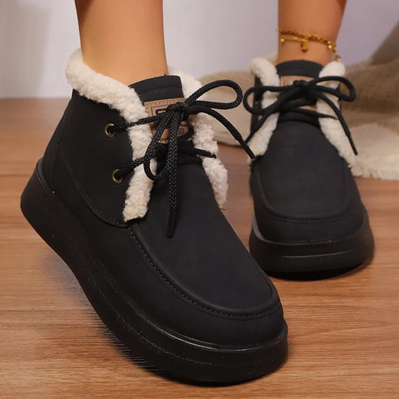 Retro Fleece Thick Warm Ankle Boots Women Lace Up Platform Snow Boots Woman Winter Pu Leather Short Plush Booties Female