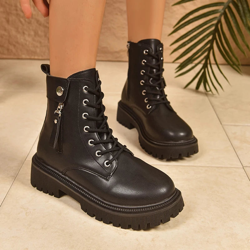 Black Pu Leather Motorcycle Boots Women 2025 Fashion Lace Up Platform Ankle Boots Woman Plus Size 42 Zipper Gothic Shoes Female