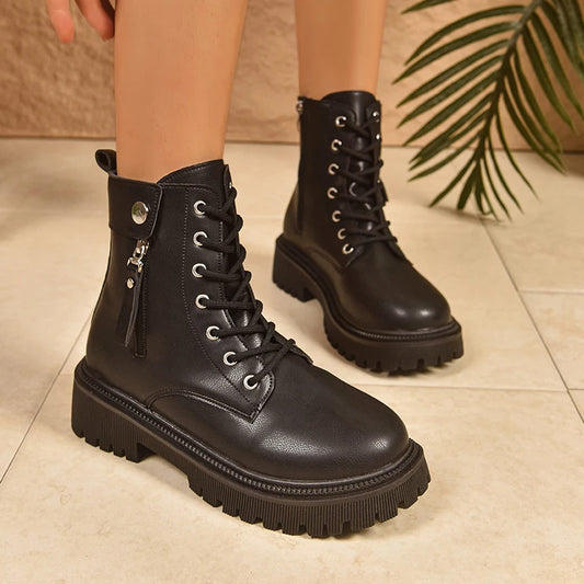 Black Pu Leather Motorcycle Boots Women 2025 Fashion Lace Up Platform Ankle Boots Woman Plus Size 42 Zipper Gothic Shoes Female