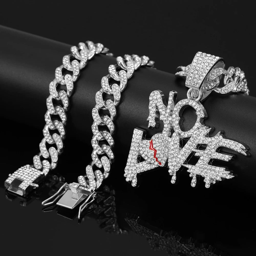 Men Women Hip Hop No Love Heart Letter Pendant Necklace with 13mm Cuban Chain Iced Out Bling Hiphop Necklaces Charm Jewelry Gift