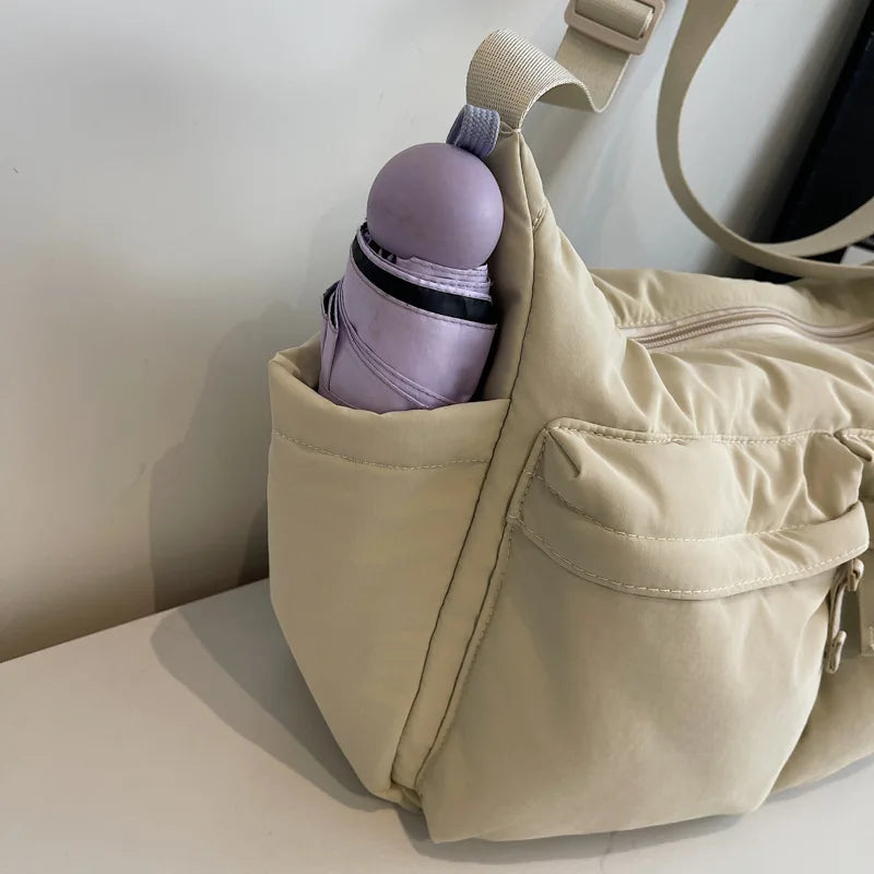 White Casual Work Style Waterproof Nylon Crossbody Shoulder Bag W/Large Capacity