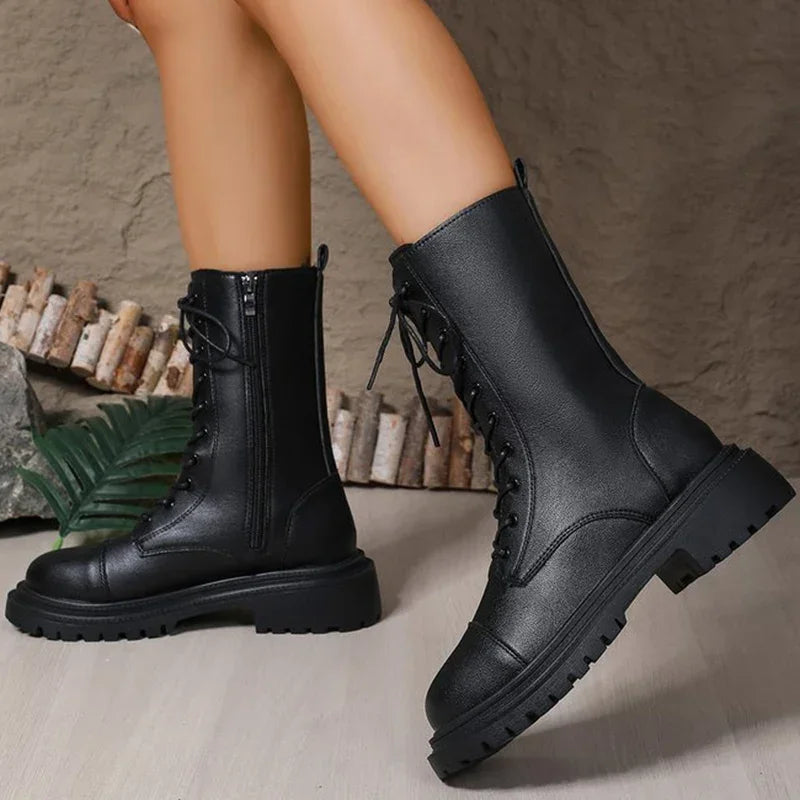 Fashion Solid Zip Mid Calf Boots for Women Autumn Winter Platform Heels Motorcycle Boots Women Temperament Lace-Up Shoes Woman