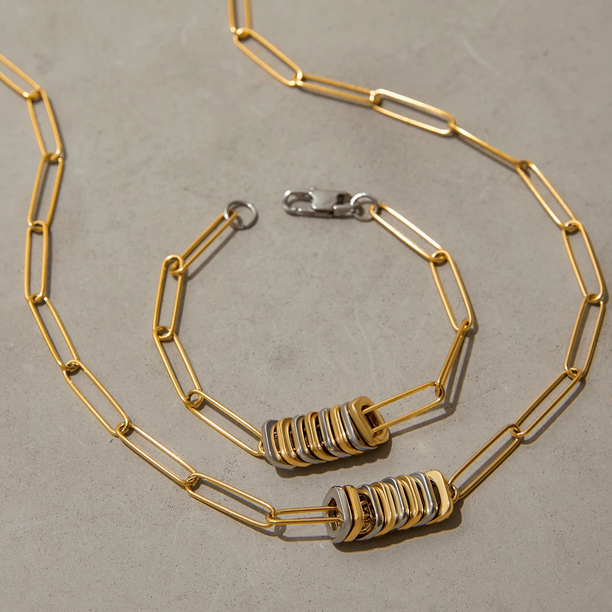 Uworld Minimalist Two Tone Paper Clip Chain Bracelet Geometric Pendant Necklace Jewelry Set Women's Jewelry Gift for Her