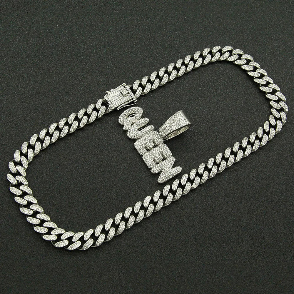 Men Hip Hop KING QUEEN Letter Pendant Necklace with 13mm Miami Cuban Chain Iced Out Bling HipHop Necklaces Fashion Women Jewelry
