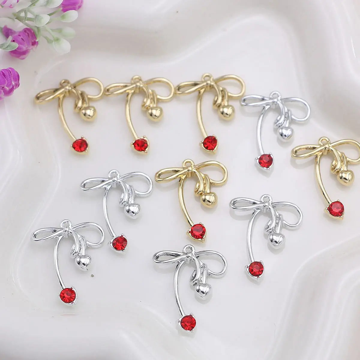 10Pcs Golden/Silvery Color Red Crystal Bow Charms Pendant for Jewelry Making Necklace Earrings Accessories DIY Bracelet