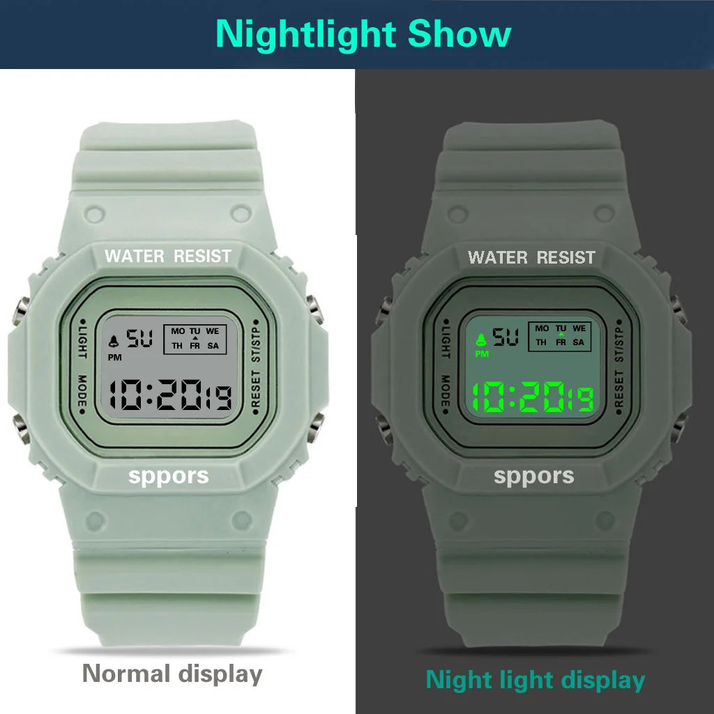 Black Sports Watch, LED Square Digital, Waterproof Rubber Men, Women