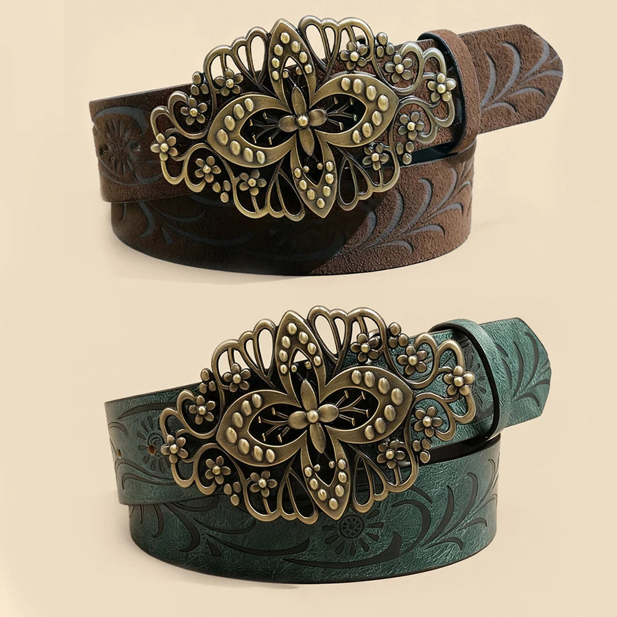 Vintage Carved Metal Buckle Belt Unisex Retro Brass Buckle Embossed Pattern Waistband European Ethnic Style Accessory