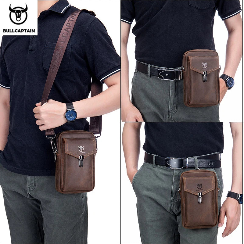 BULLCAPTAIN Crazy Horse Leather Men's Waist Bags Multifunctional 7-inch Mobile Phone Bag Bag Male Shoulder Messenger Bages Brown