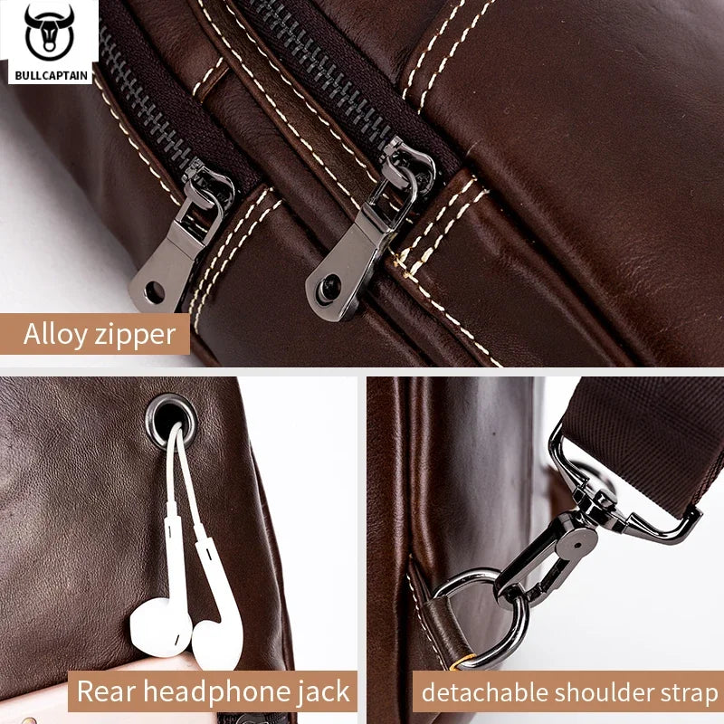 BULLCAPTAIN Men's Genuine Leather Chest Bag Multifunctional 8-inch Large Capacity Tablet Bag Retro Single Room Crossbody Bag