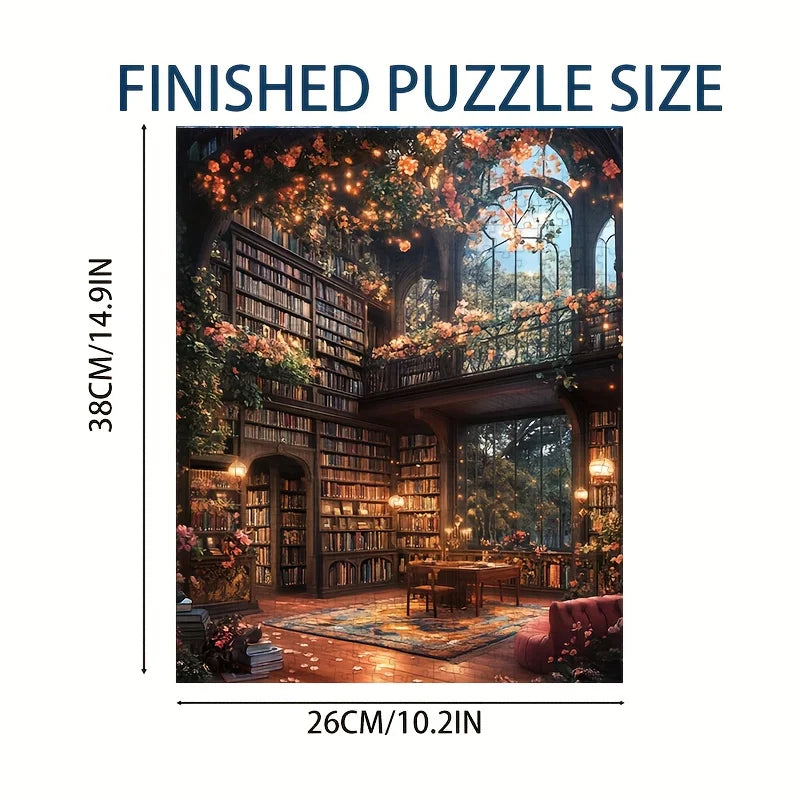 1000pcs Mini Puzzle Featuring Forest Library Art, Measuring 14.96X10.24inch, Decor for Those Who Love Books And Nature.