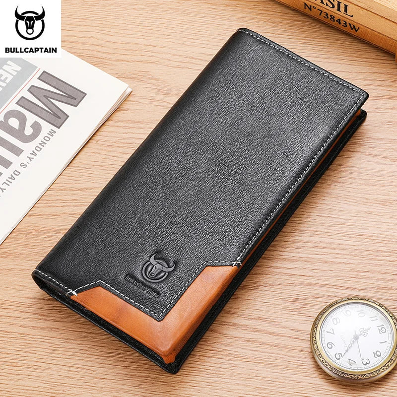 BULLCAPTAIN Genuine Leather Men's Long Handbag RFID Function Credit Card Holder Card Bag Leather Currency Multifunctional Wallet
