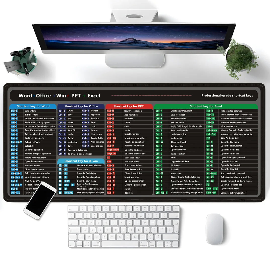 Excel Shortcuts Mouse Pad ,Large Keyboard Desk Pad for Excel Word Power point Desk Mat Stitched Edge Mouse Mat
