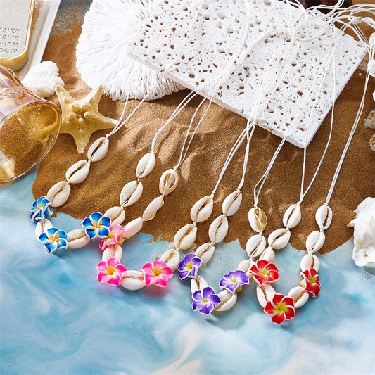 Bohemian Cowrie Shell Necklace Y2K Aesthetic Pink Plumeria Flowers Summer Beach Choker for Women Hawaiian Vacation Jewelry Gift