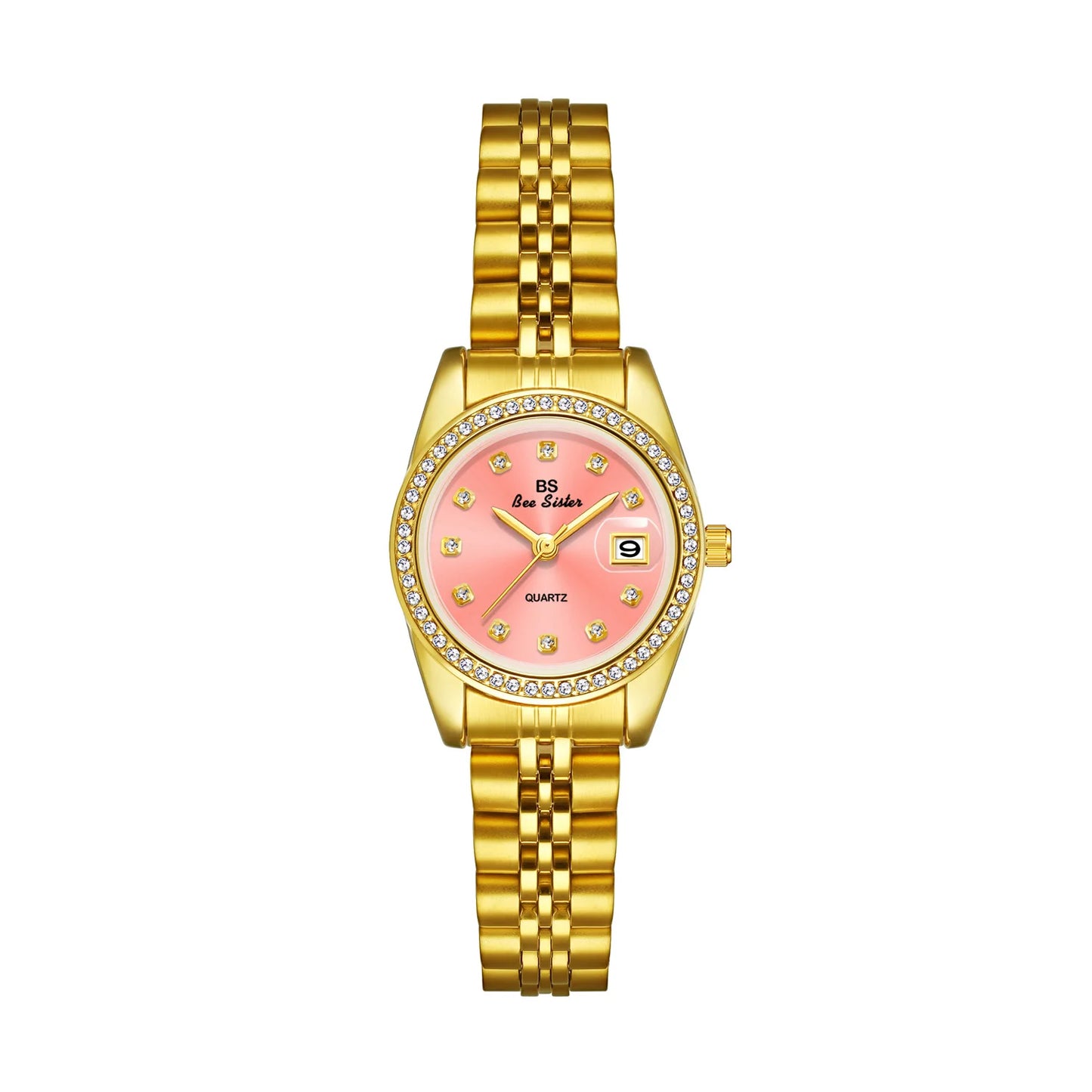 Original Woman Watch Pink Dial Golden Date Quartz Clock Vintage Elegant Stainless Steel Watch Gifts For Women 2024
