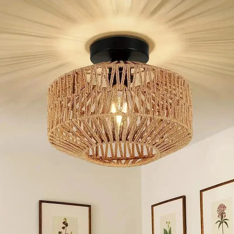 Natural Bamboo Ceiling Chandelier Hanging Lamp Handmade Rattan Weaving Home