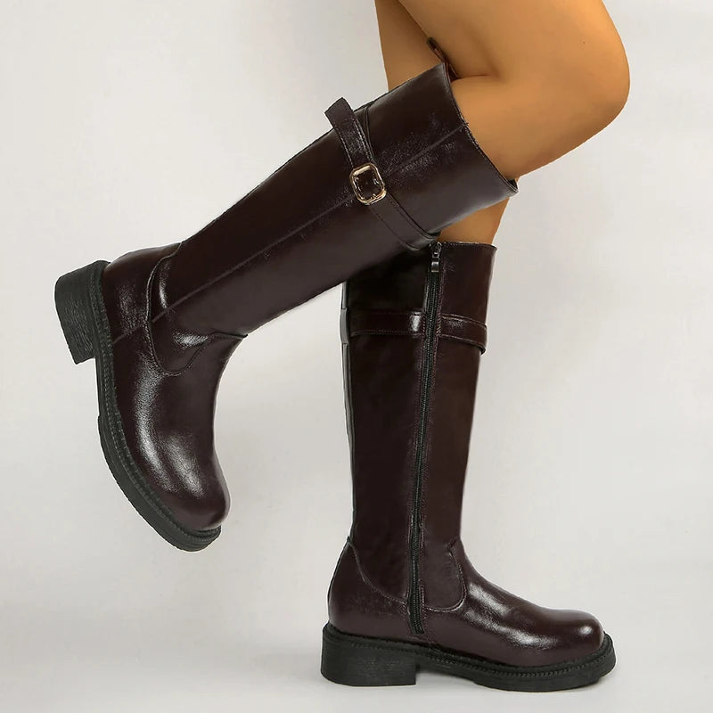 Fashion Buckle Platform Knee High Boots Women Side Zipper Pu Leather Long Boots Woman Wide Toe Thick Sole Riding Botas Mujer
