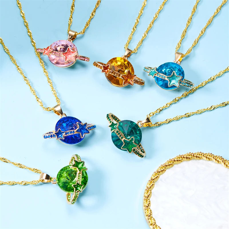 Luxury Fashion Crystal Planet Star Necklace for Women Elegant Exquisite Shiny Zircon Choker Clavicle Chain Party Jewelry Gift