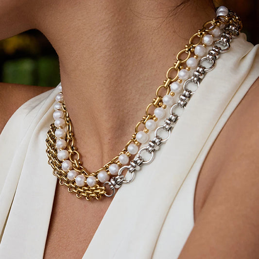 Uworld Minimalist 18K Gold Color Plated Stainless Steel Two tone Handmade Chain Necklace Stackable Basic Link Necklace Women's J