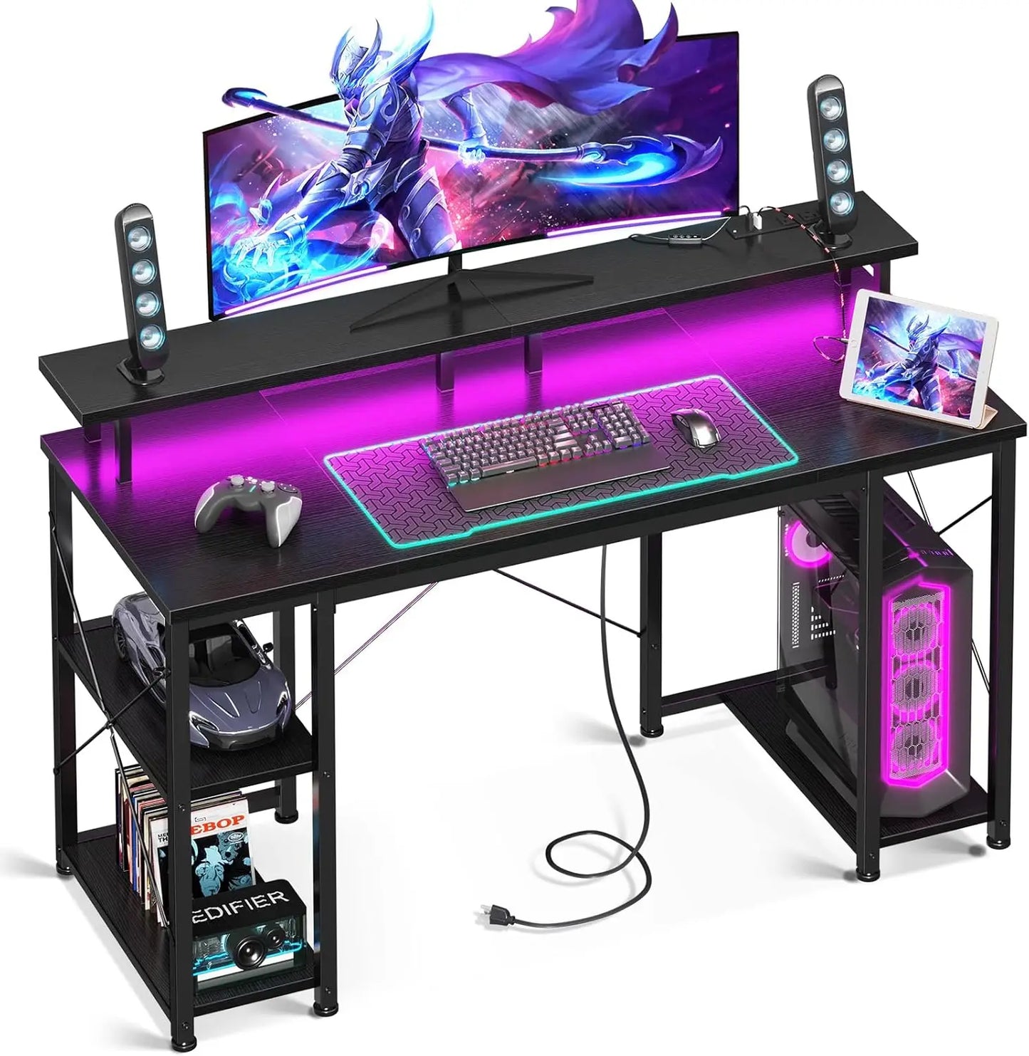 48 " Gaming Desk w/ LED Lights & Power Outlets, Computer Desk w/ Monitor Stand