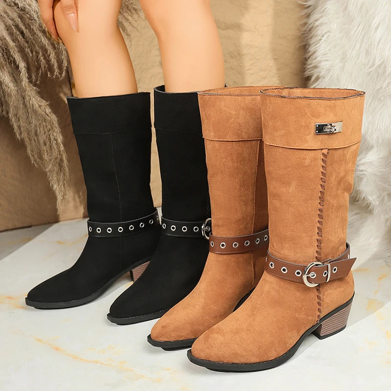 Belt Buckle Thick Heels Western Boots Women Retro Slip On Pointed Toe Knee High Boots Woman Plus Size Knight Long Botas Mujer