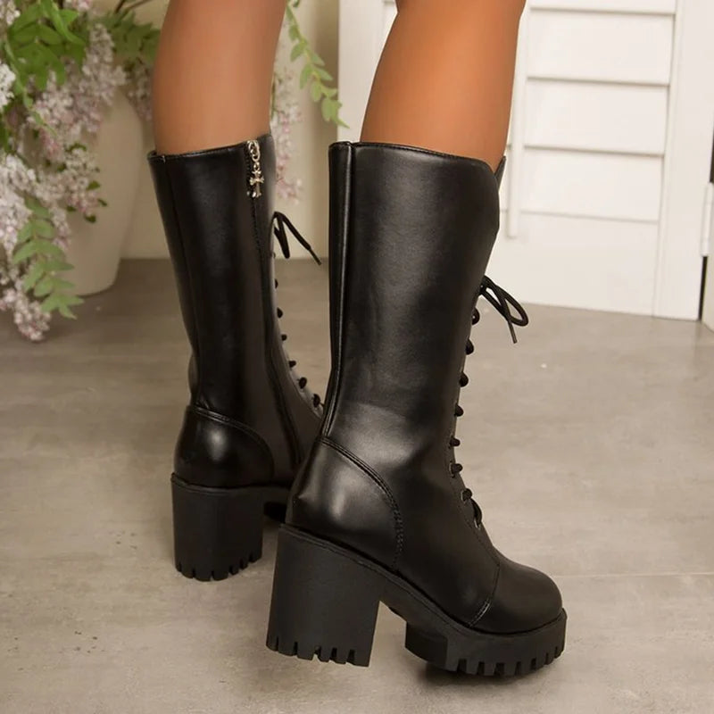 Fashion Lace Up Thick Heels Mid Calf Boots Women Plus Size 43 Black Pu Leather Long Boots Woman Autumn Winter High Heeled Botas