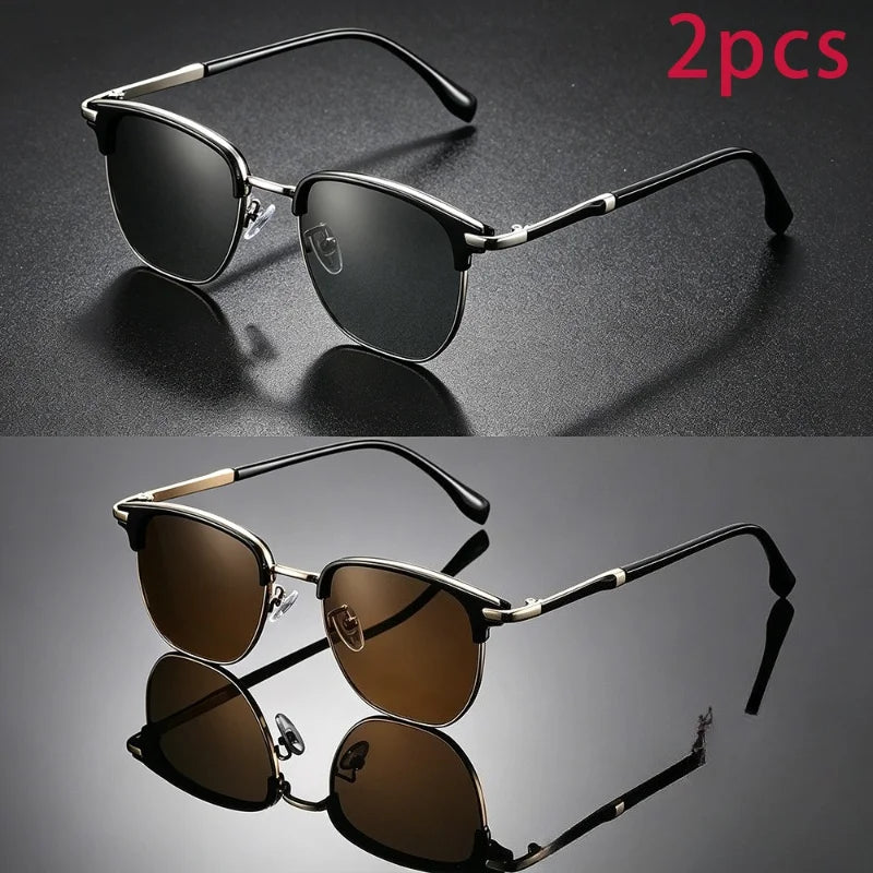 2pcs Vintage Semi-Rimless Men's Sunglasses Unisex Sunglasses Functional Line Design Protection SunglassesSuitable for Daily Wear