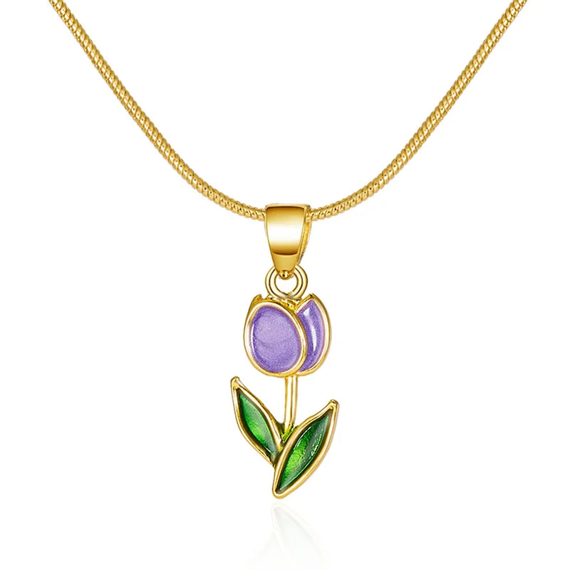 Vintage Elegant Tulip Flower Pendant Necklace for Women Fashion Aesthetic Flowers Clavicle Chain Choker Wedding Party Jewelry