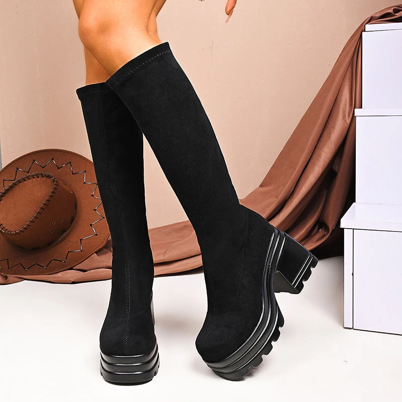 New Women's Chunky Platform Knee-High Boots Thick High Heels Punk Long Boots Woman Plus Size Slim Stretch Autumn Winter Boots