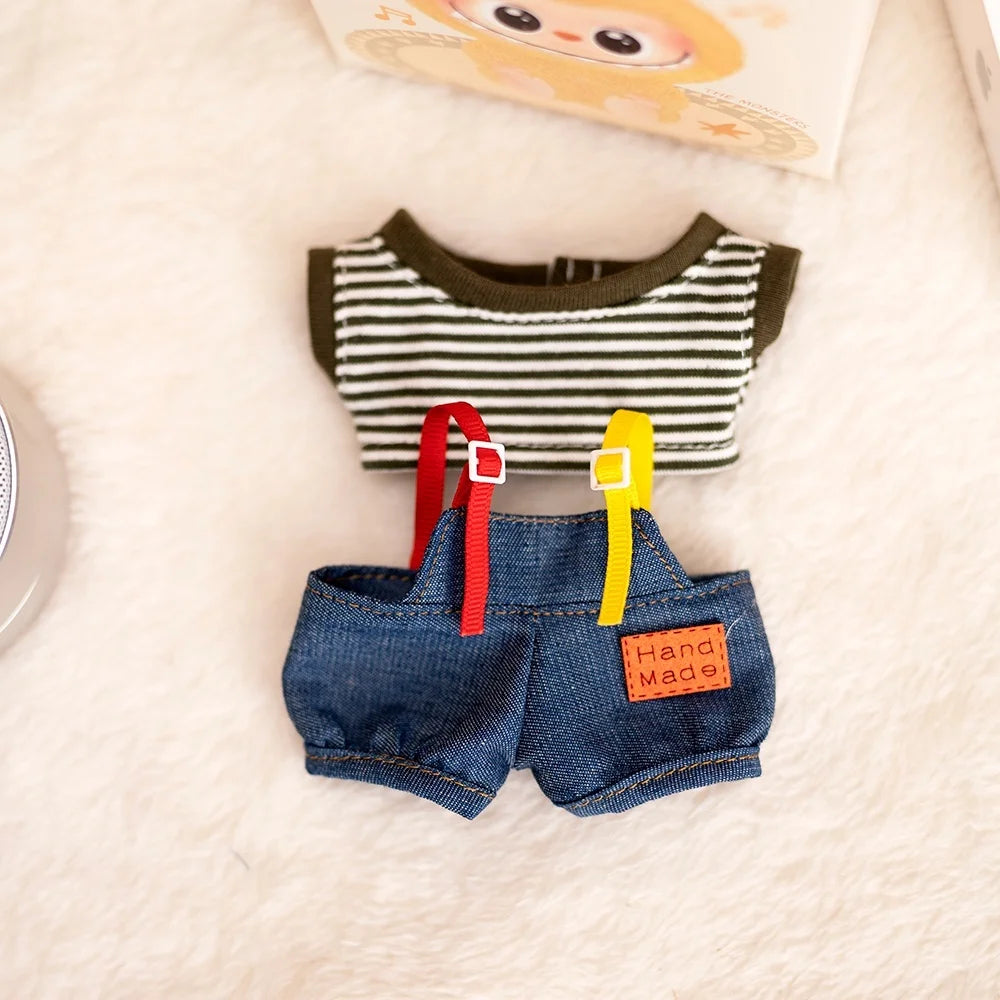 17 Cm Labubu Plush Toy Doll T-shirt with Denim Overalls Labubu Plush Toy Doll Pendant Clothes High quality