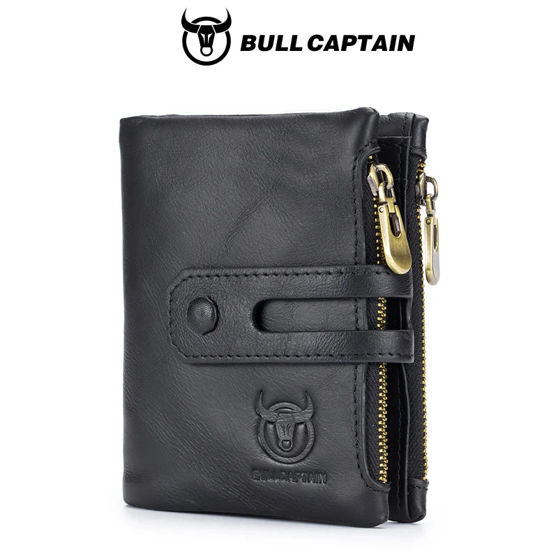 BULLCAPTAIN Genuine Leather RFID Men Wallet Credit Business Card Holders Double Zipper Cowhide Leather Wallet Purse Carteira 021