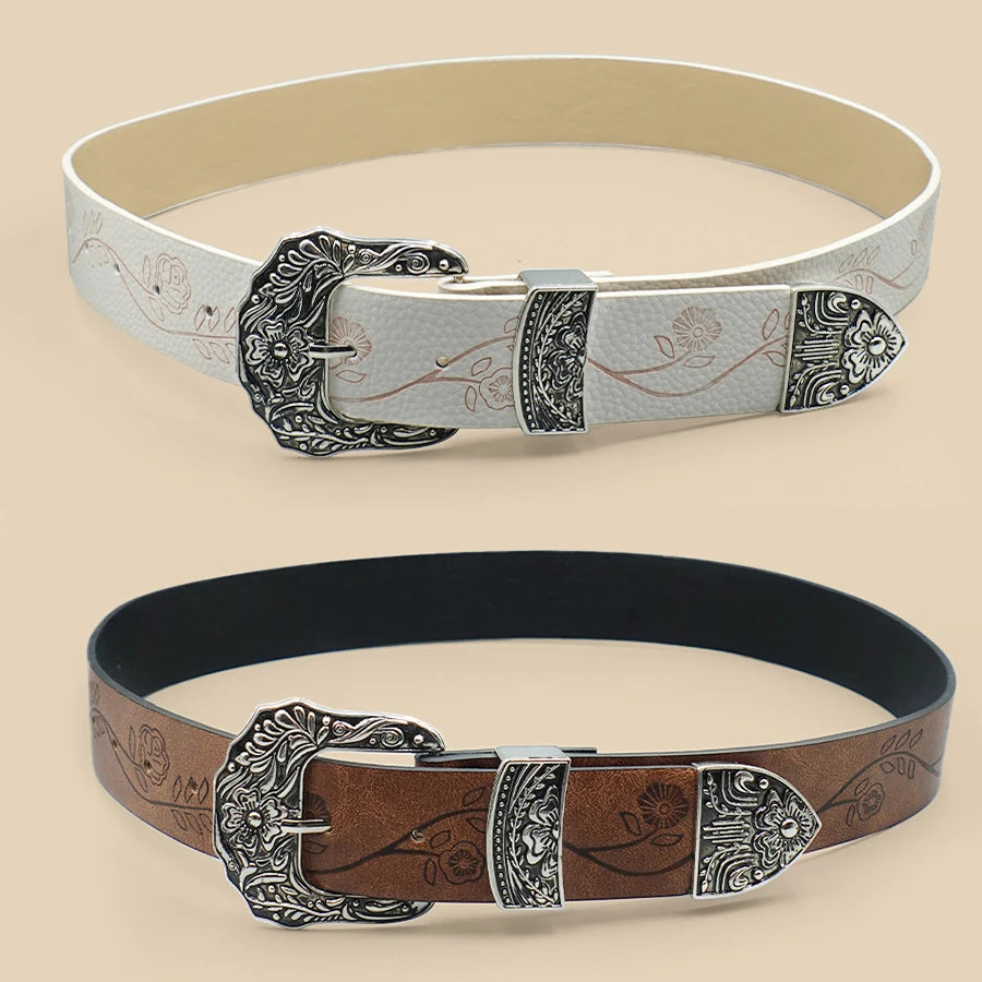 Bohemian Vintage Carved Women's Belt - Floral Print Fashion Waistband for Casual Wear, Dates & Leisure Outfits