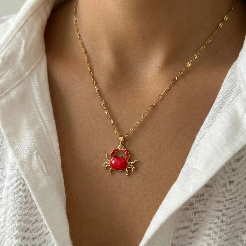 Minimalist Red Enamel Crab Pendant Necklace for Women Copper Gold Tone Chain Simple Ocean Charm Cute Statement Jewelry Gift