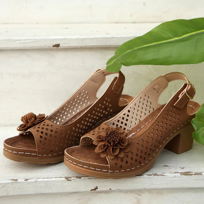 Fashion Flowers High Heels Sandals Women Back Strap Hollow Out Summer Sandles Woman 2025 Plus Size Thick Heeled Sandalias Mujer