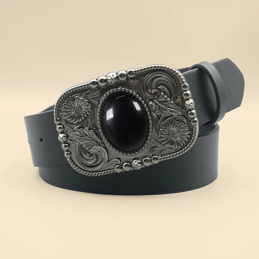 Retro Black Turquoise Inlaid Women's Belt, Western Denim Style, Niche Women's Belt, Carved Black Gemstone Belt