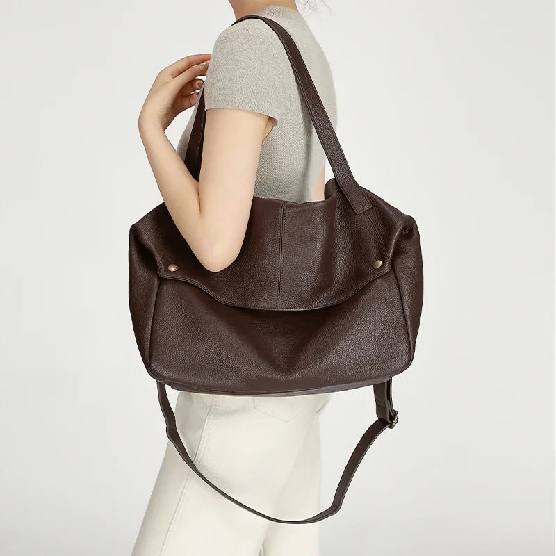 Genuine Cowhide Leather Large Slouchy Tote Bag for Women Pebbled Leather Foldable Shoulder Crossbody Bag Casual Leather Yoga Bag