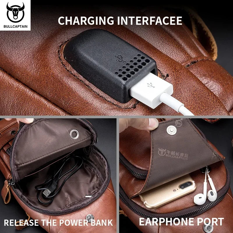 BULLCAPTAIN Leather Men's Chest Pocket One Crossbody Bags With USB Rechargeable Chest Bag Can Be Used For 7.9 Inch IPai Pockets