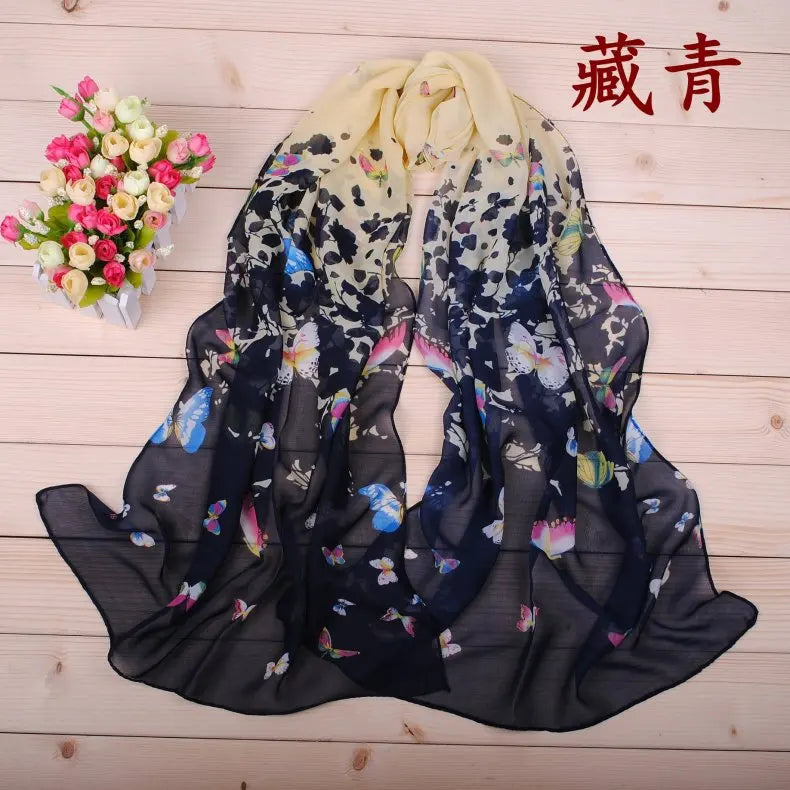 New Yiwu Colorful Little Butterfly Women's Printed Chiffon Long Scarves Wholesale Spring and Summer Printed Scarves