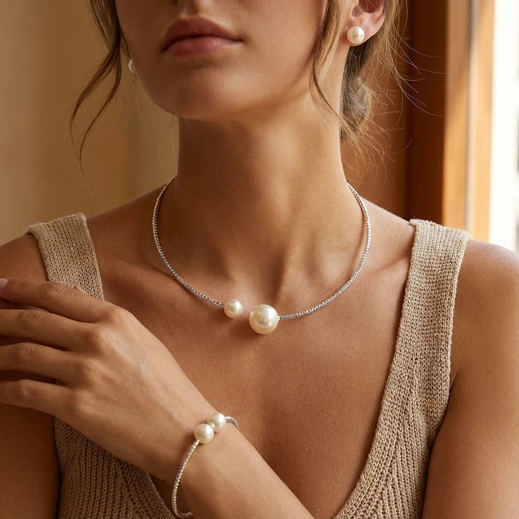 Luxury Pearl Rhinestone Choker Necklace & Bracelet Set for Women Elegant Silver Color Collar Bridal Wedding Jewelry Accessories