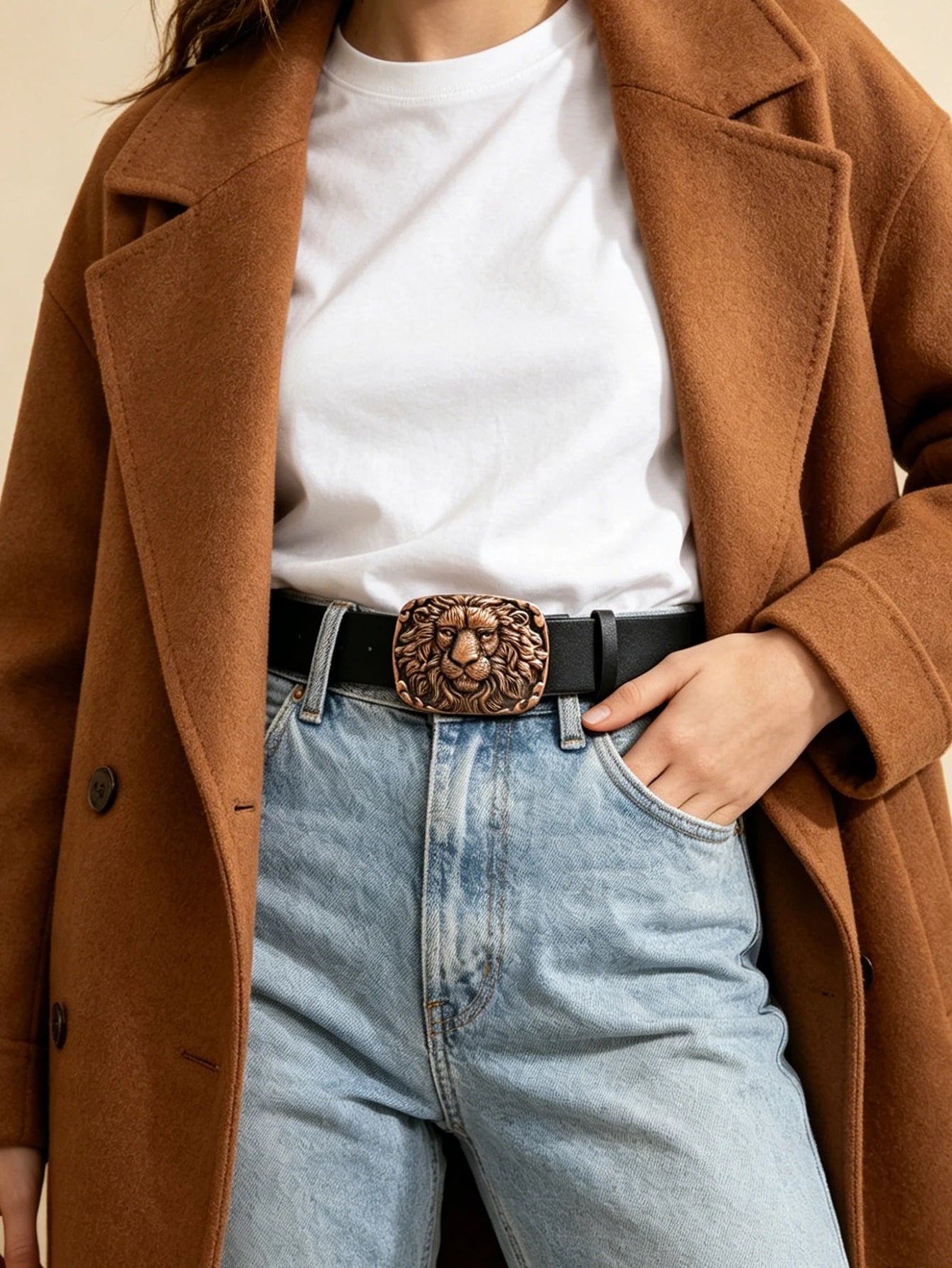 Vintage Lion Head Engraved Belt, Antique Bronze Buckle Men's Floral Embossed Cowboy Waistband