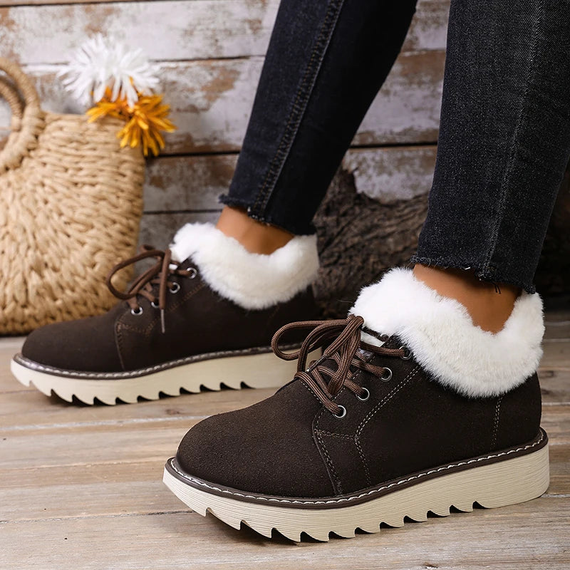 Faux Fur Non Slip Sole Snow Boots Women Autumn Winter Suede Lace Up Plush Sneakers Woman Warm Thick Sole Cotton Padded Shoes 43