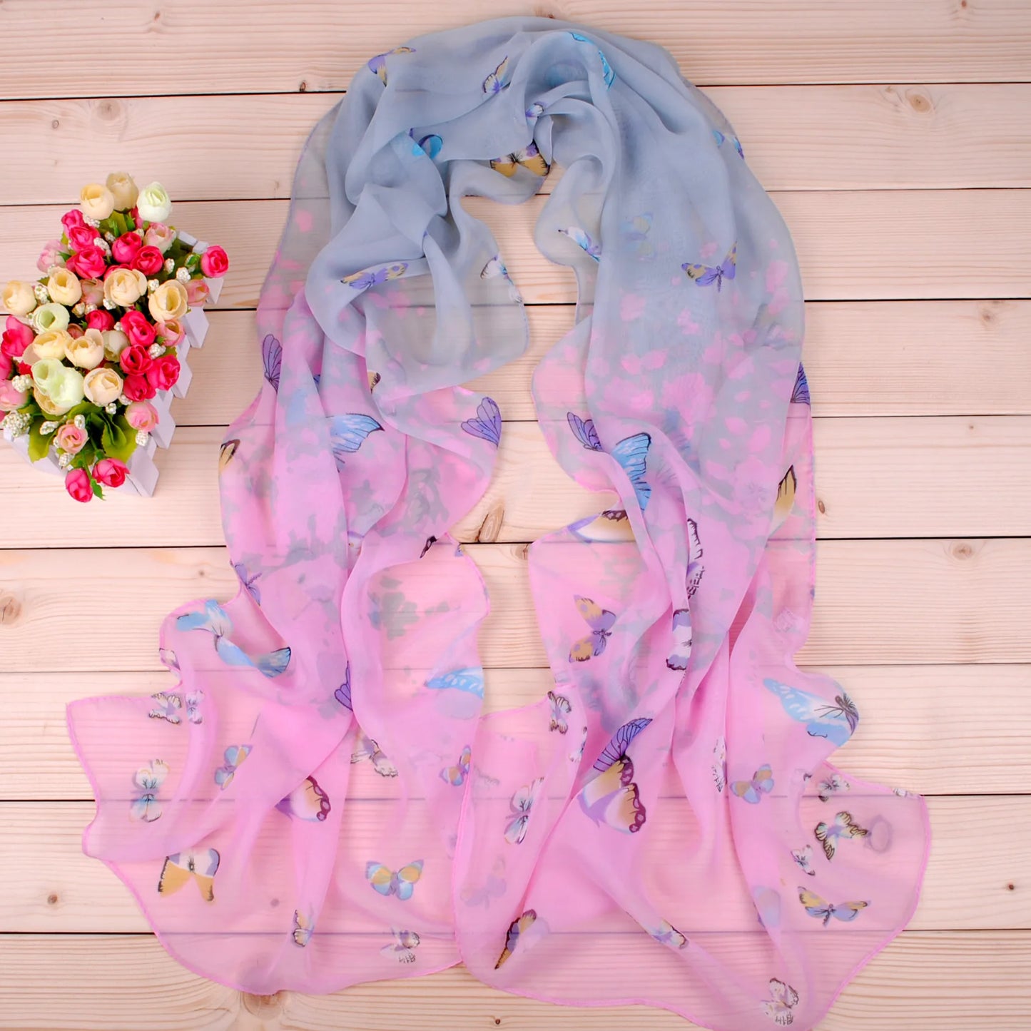 New Yiwu Colorful Little Butterfly Women's Printed Chiffon Long Scarves Wholesale Spring and Summer Printed Scarves