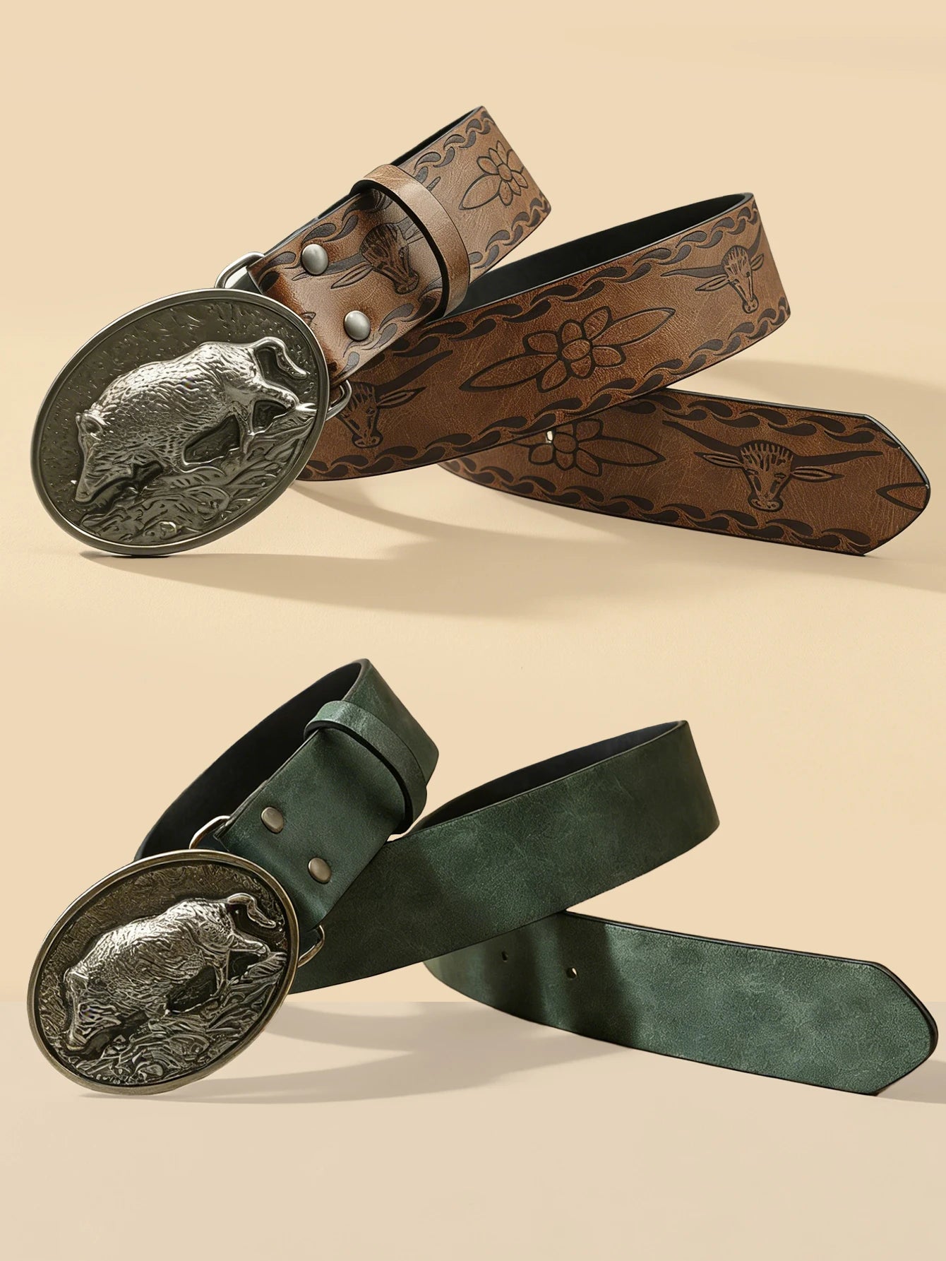 Vintage Western Embossed Belt Unisex Retro Distressed Adjustable Waist Strap for Jeans Dress