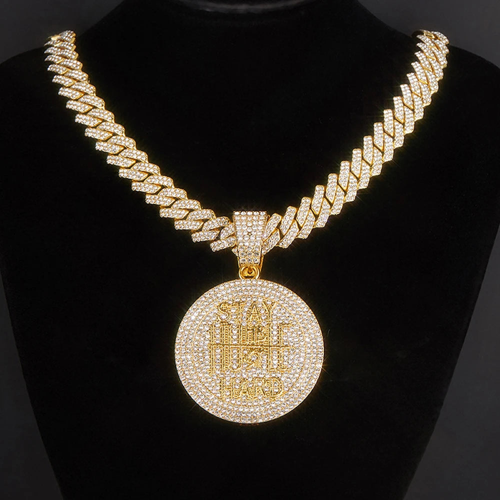 Hip Hop STAY HARD Letter Pendant Cuban Chain Necklace Punk Gold Color Iced Out Bling Necklaces Fashion Charm Men Women Jewelry