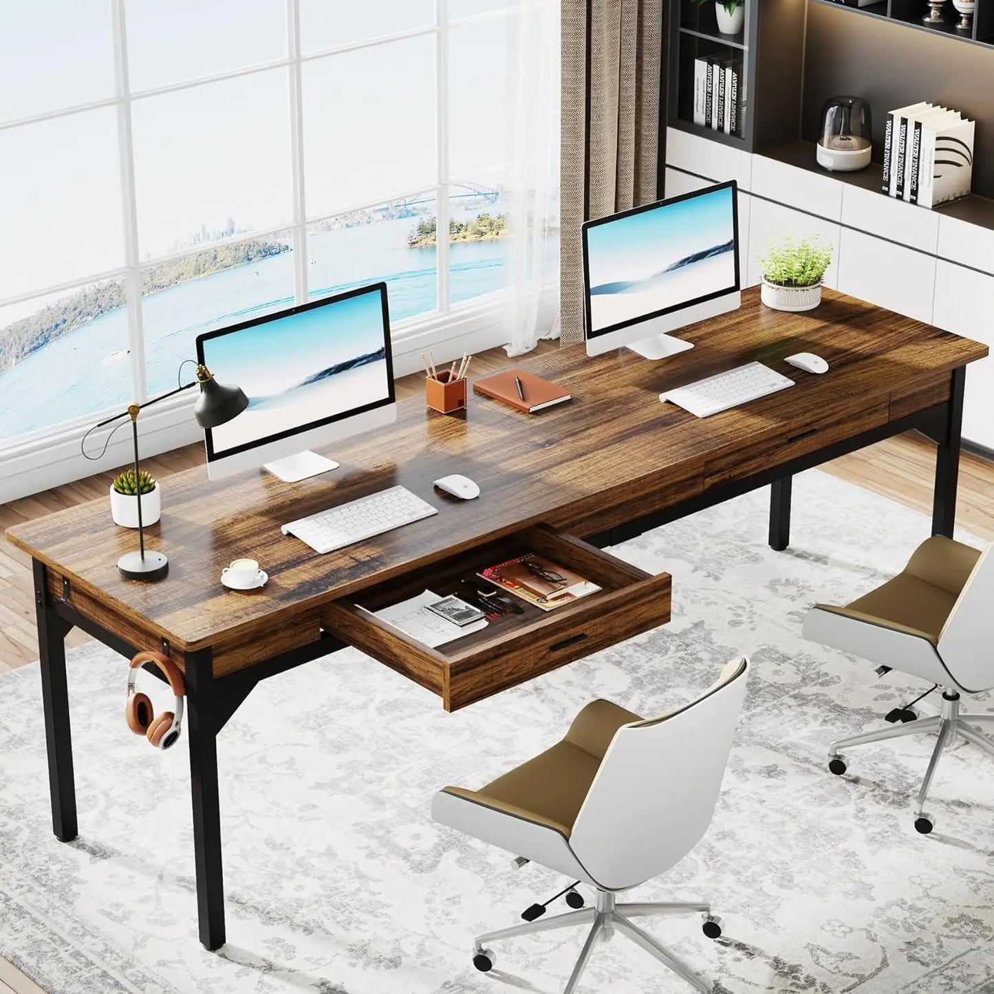 Computer Desk, 200 x 60 x 82 cm, Double Long Desk with 2 Drawers, Office Table