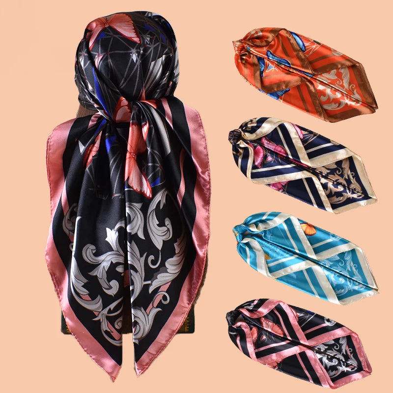 1PC Simple Butterfly Print Silk Satin Square Scarf Women's Hair Accessory Spring New Style Versatile