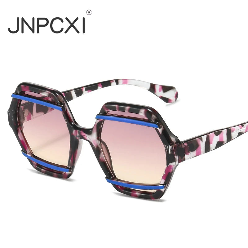 JNPCXI Retro Polygon Jelly Tea Sunglasses Women Fashion Gradient Eyewear Shades UV400 Men Rivets Sun Glasses