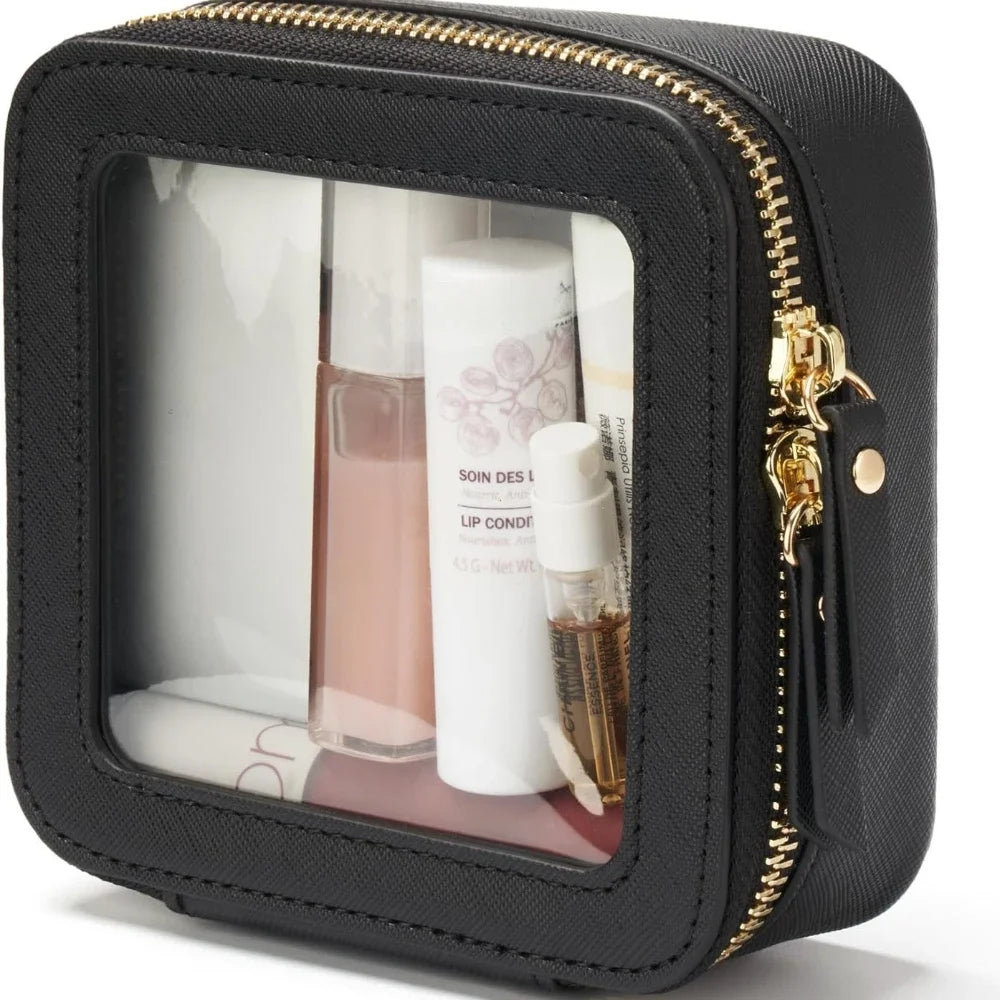 Mini Clear Makeup Bag Pu Saffiano Vegan Faux Leather Cute Small Visible Window Storage Lipsticks Cosmetics Case for Purse Pouch