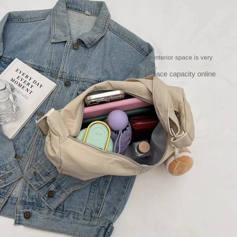 White Women Japan Hobo Embroidery Shoulder Bag Versatile Waterproof Commuter Bag