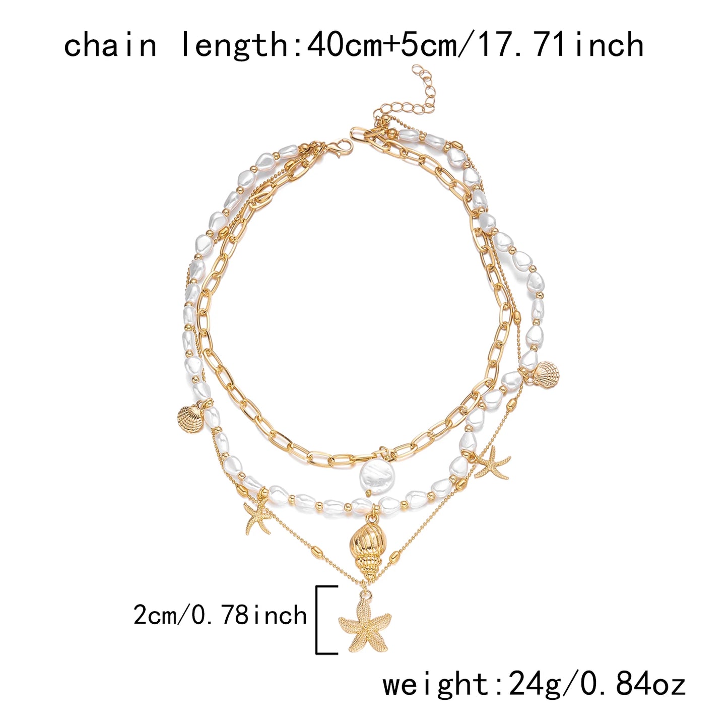 Vacation 3 Layer Starfish Conch Shell Faux Pearl Necklace Summer Beach Ocean Theme Boho Pendant Jewelry For Women