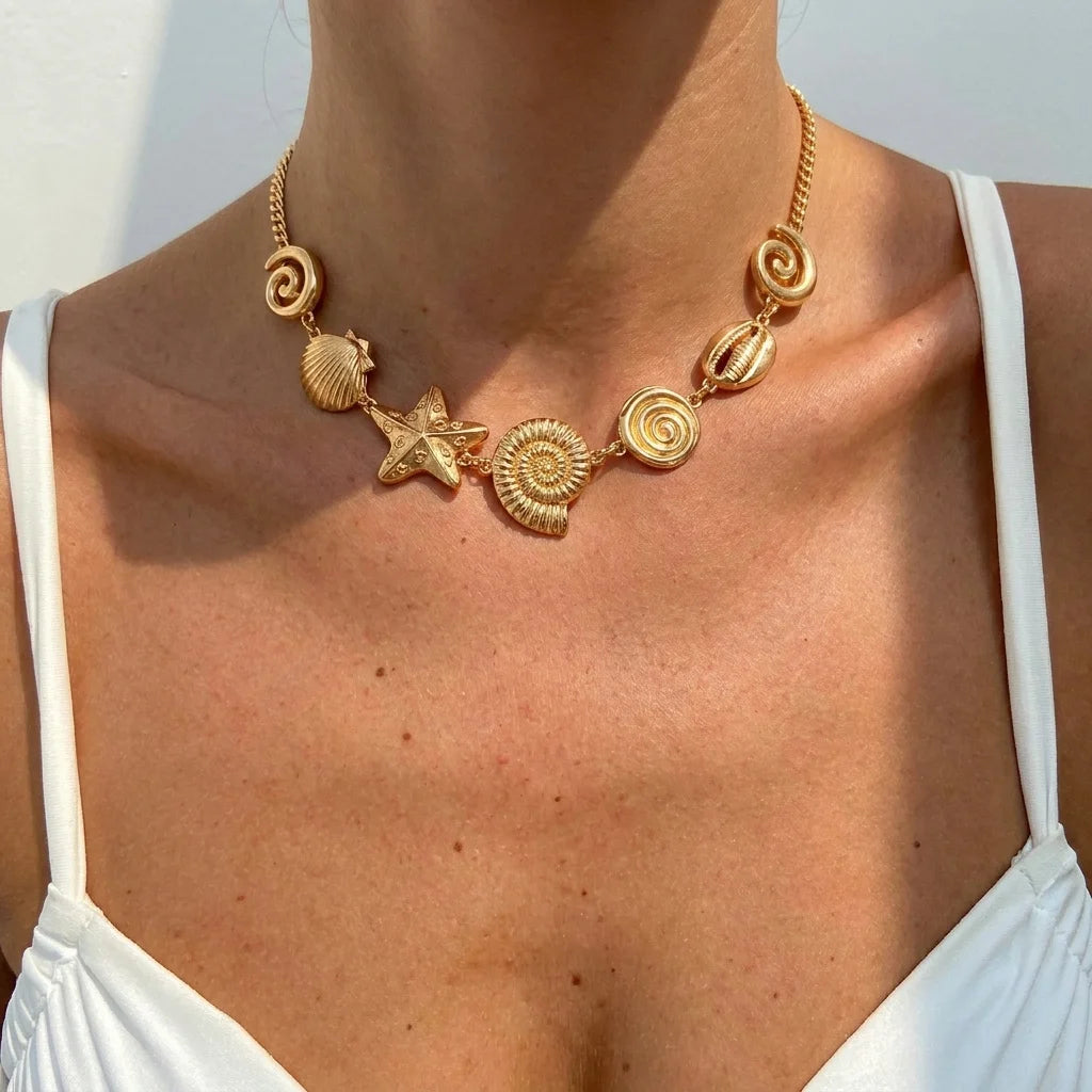Statement Gold Seashell Starfish Choker Necklace for Women Boho Metal Conch Ocean Marine Charm Collar Summer Beach Jewelry